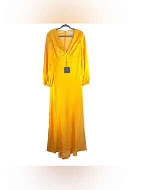 New Ieena for Mac Duggal Marigold Yellow Puffed Long Sleeve Satin Gown Size 14